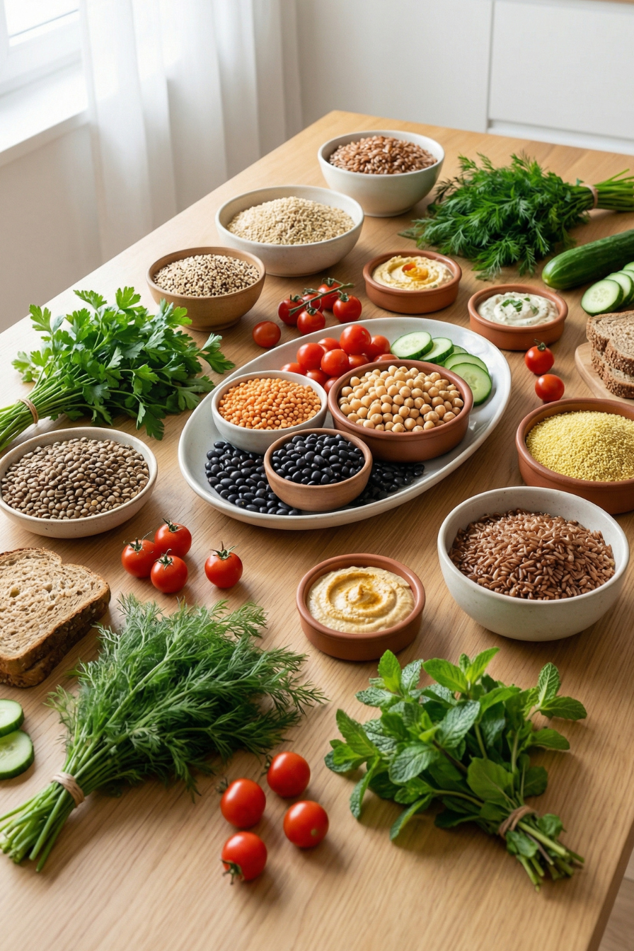 Assortiment de plats végétariens avec légumes grillés, légumineuses et herbes fraîches