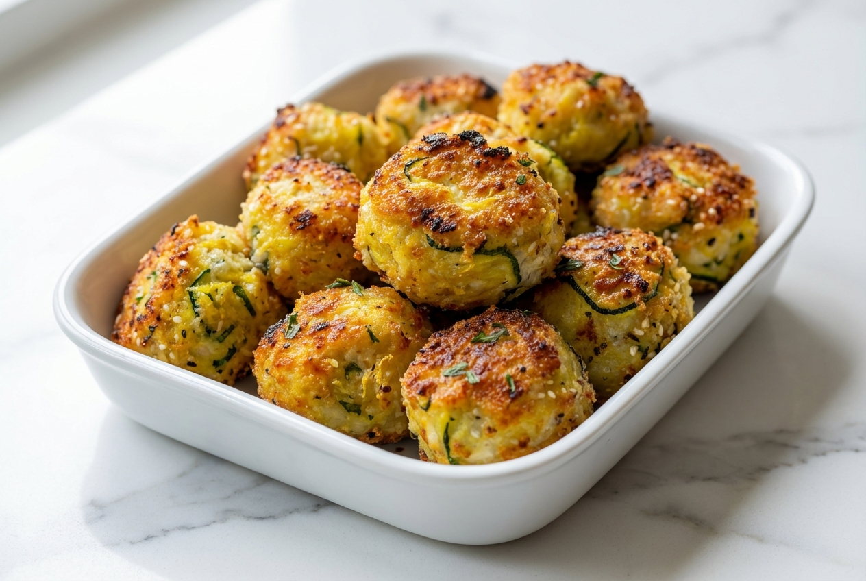 Boulettes de courgettes au four croustillantes parfumées au citron, à la menthe et aux graines de sésame.