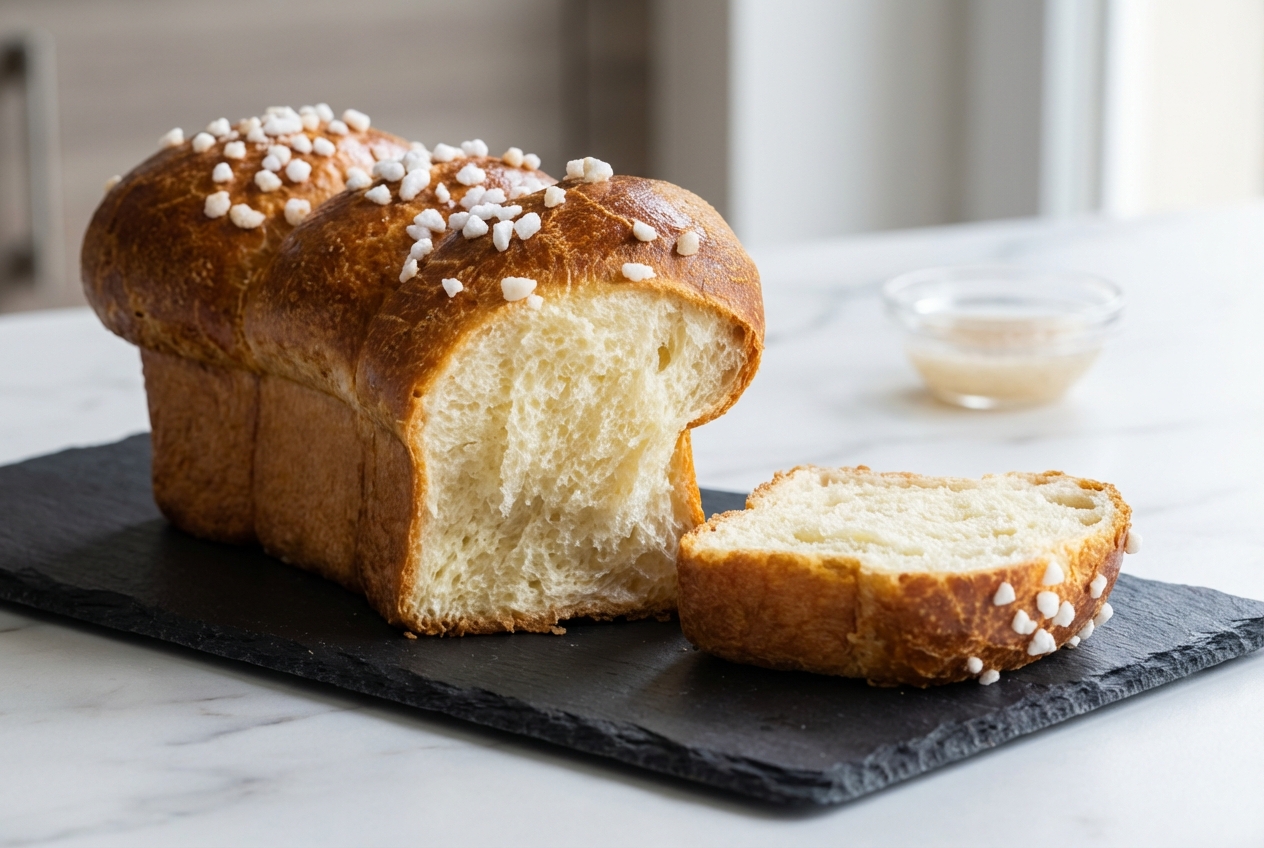 Une brioche sans gluten dorée et gonflée, préparée avec un gel de psyllium pour une texture ultra-moelleuse.