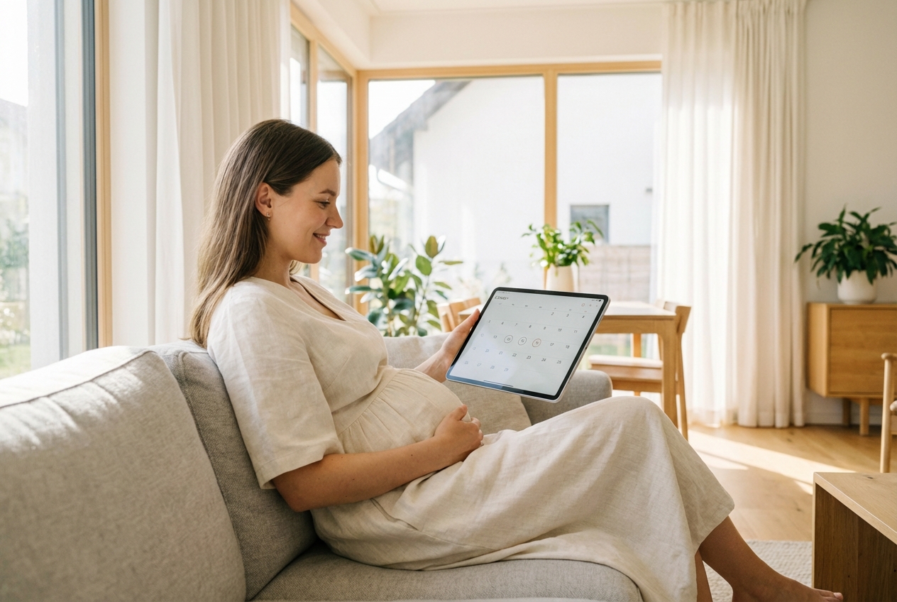 Femme enceinte utilisant une application pour calculer la date d'accouchement selon son cycle menstruel.