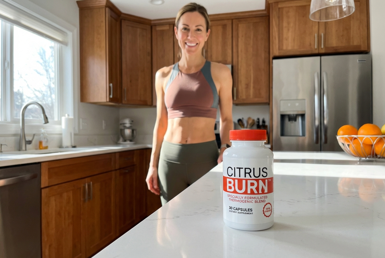 Flacon de CitrusBurn entouré d'agrumes frais, représentant le meilleur complément alimentaire pour maigrir naturel sur une table en bois clair.