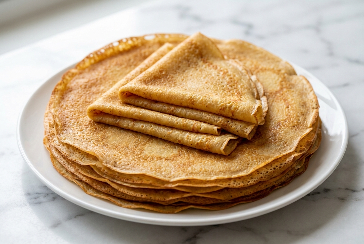 Pile de crêpes sans gluten dorées au beurre noisette pour une saveur subtile et une texture souple.