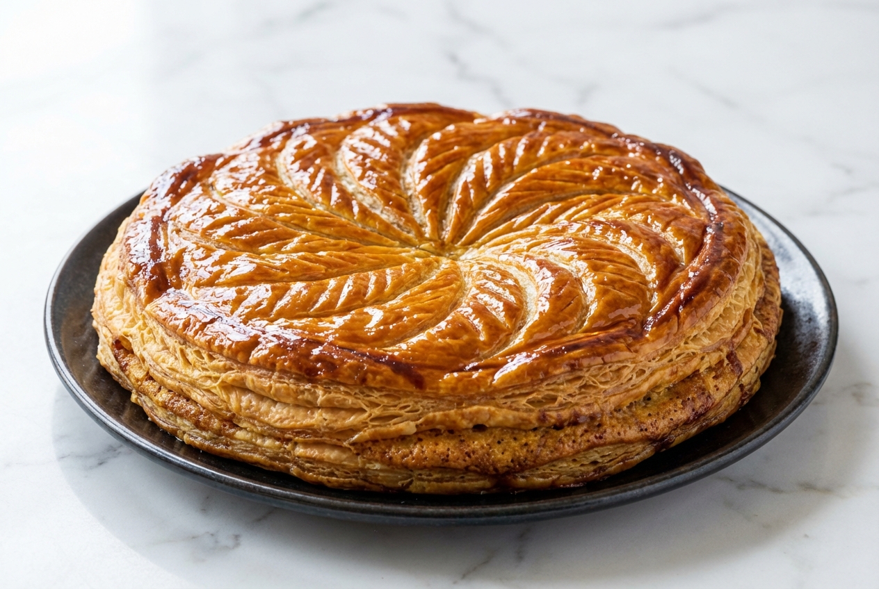 Galette des rois à la frangipane brillante au sirop de sucre avec une crème d'amande au beurre noisette.