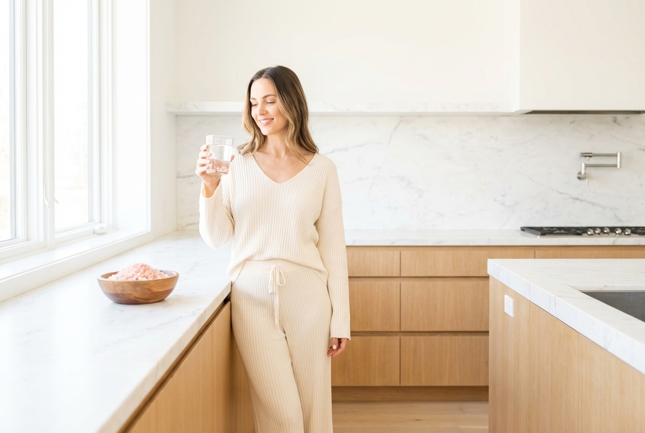 Assiette équilibrée et cristaux pour un régime avec du sel rose de l'Himalaya riche en oligo-éléments.