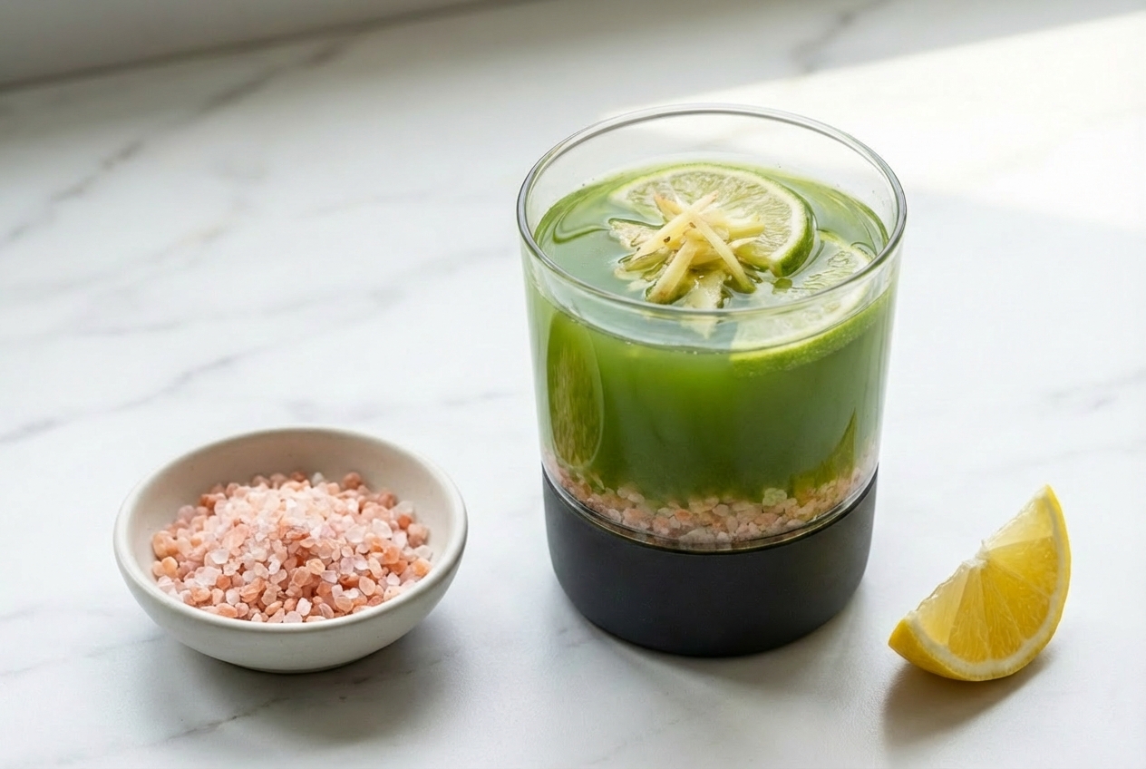 Recette japonaise au sel rose pour maigrir présentée dans un verre givré avec une base d'infusion au matcha froid.