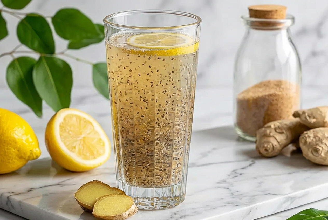 Verre de boisson pour la recette du mounjaro naturel enrichie en psyllium blond et graines de chia activées.