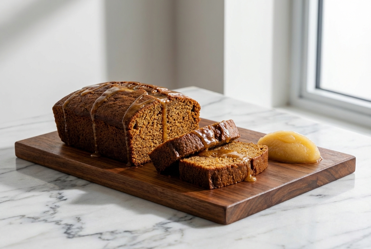 Recette pain d'épices moelleux au beurre noisette et compote de pommes dans un moule à cake.