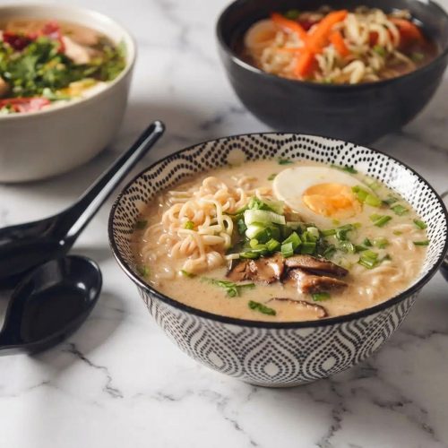 Recette ramen végétarien au bouillon crémeux façon tonkotsu grâce au mélange secret de tahini et lait de soja.