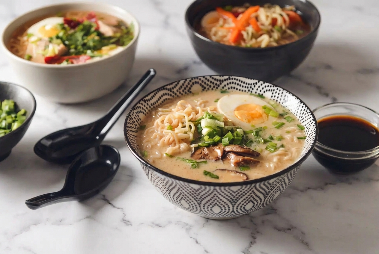 Recette ramen végétarien au bouillon crémeux façon tonkotsu grâce au mélange secret de tahini et lait de soja.