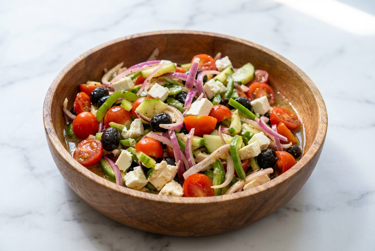 Recette de salade grecque au jus émulsionné par la technique du sel et repos, avec feta et légumes croquants.