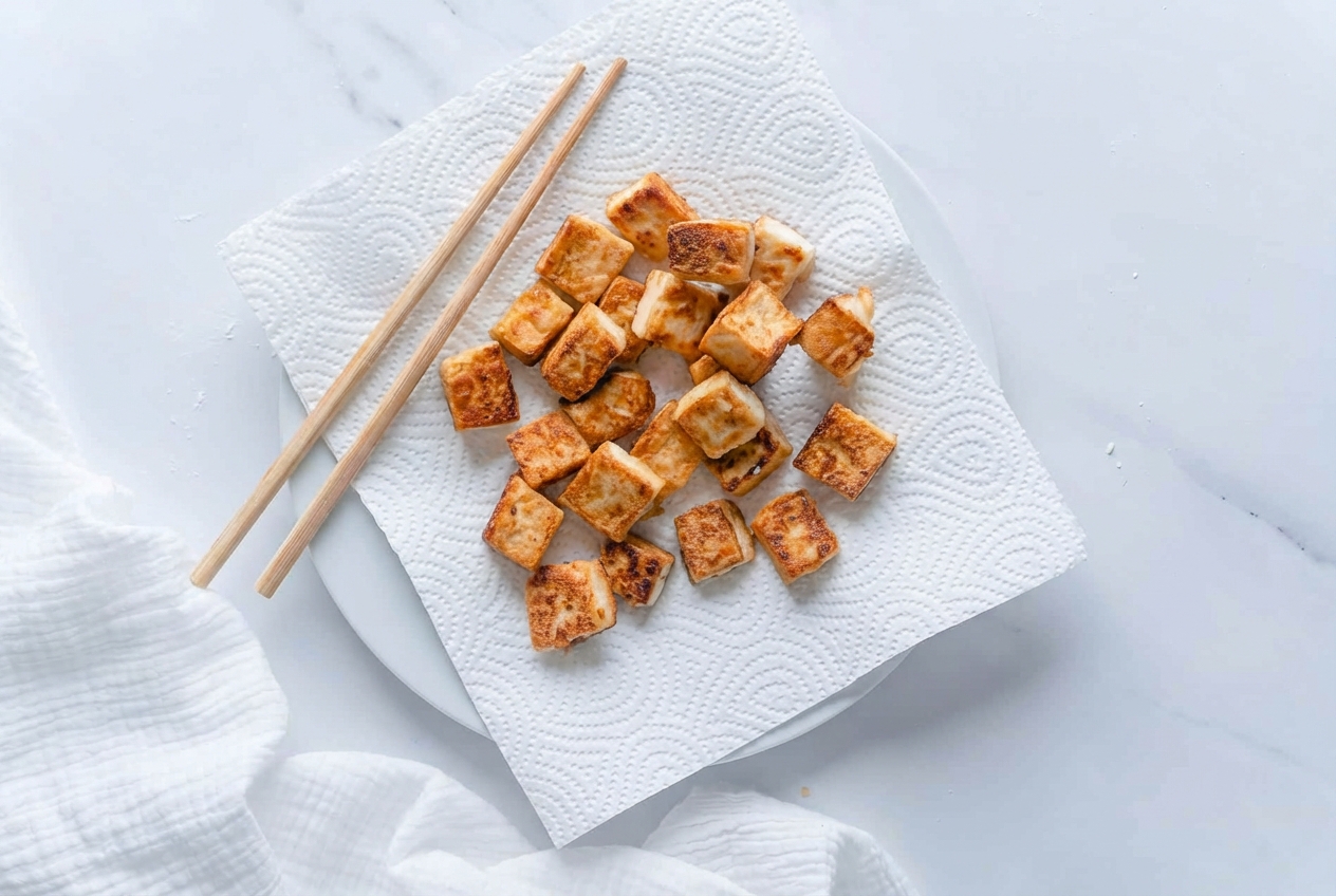 Cubes de recette tofu croustillant avec une croûte dorée à la levure maltée et levure chimique.