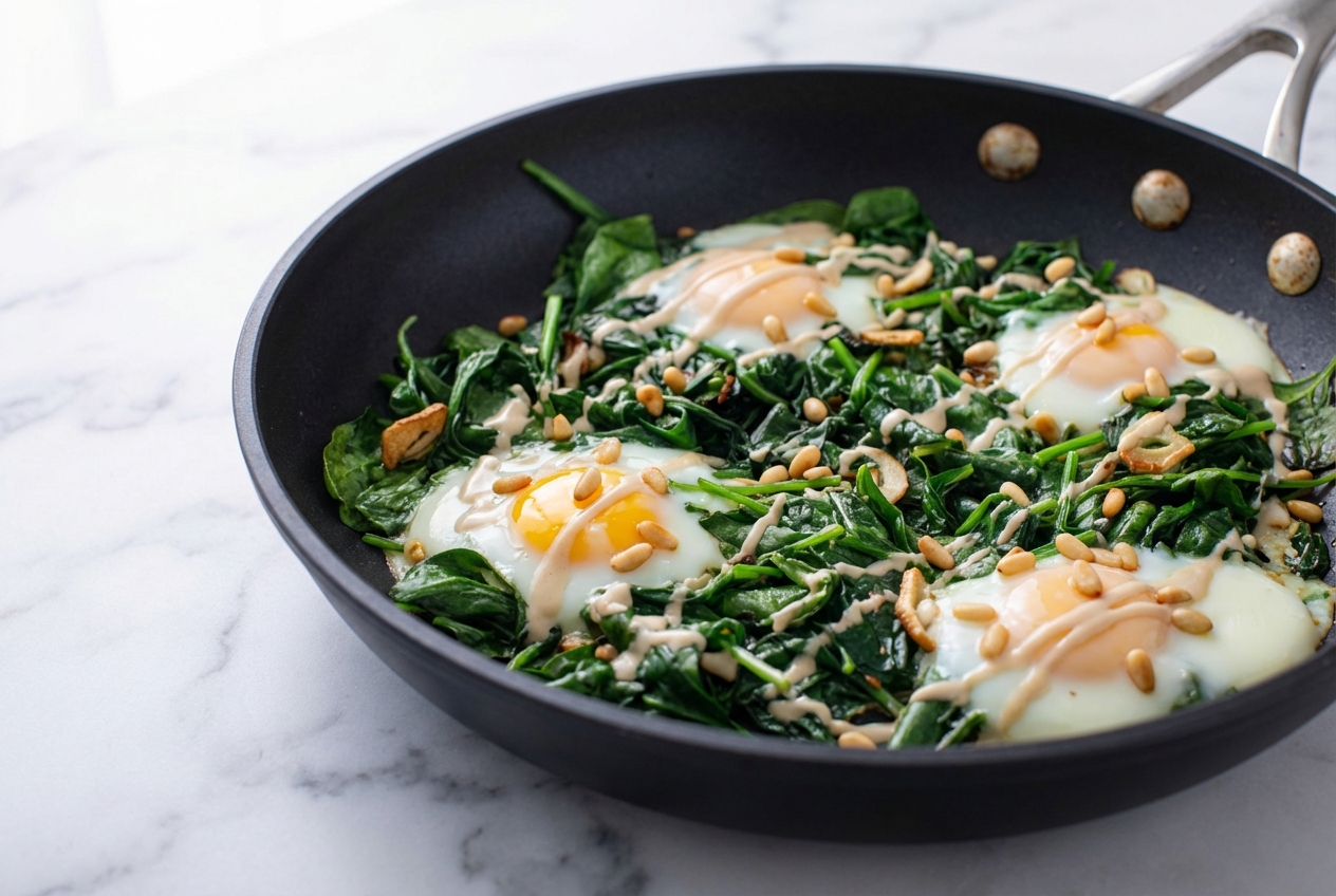 Shakshuka verte aux œufs pochés, nappée de sauce tahini crémeuse et parsemée de pignons de pin croquants.