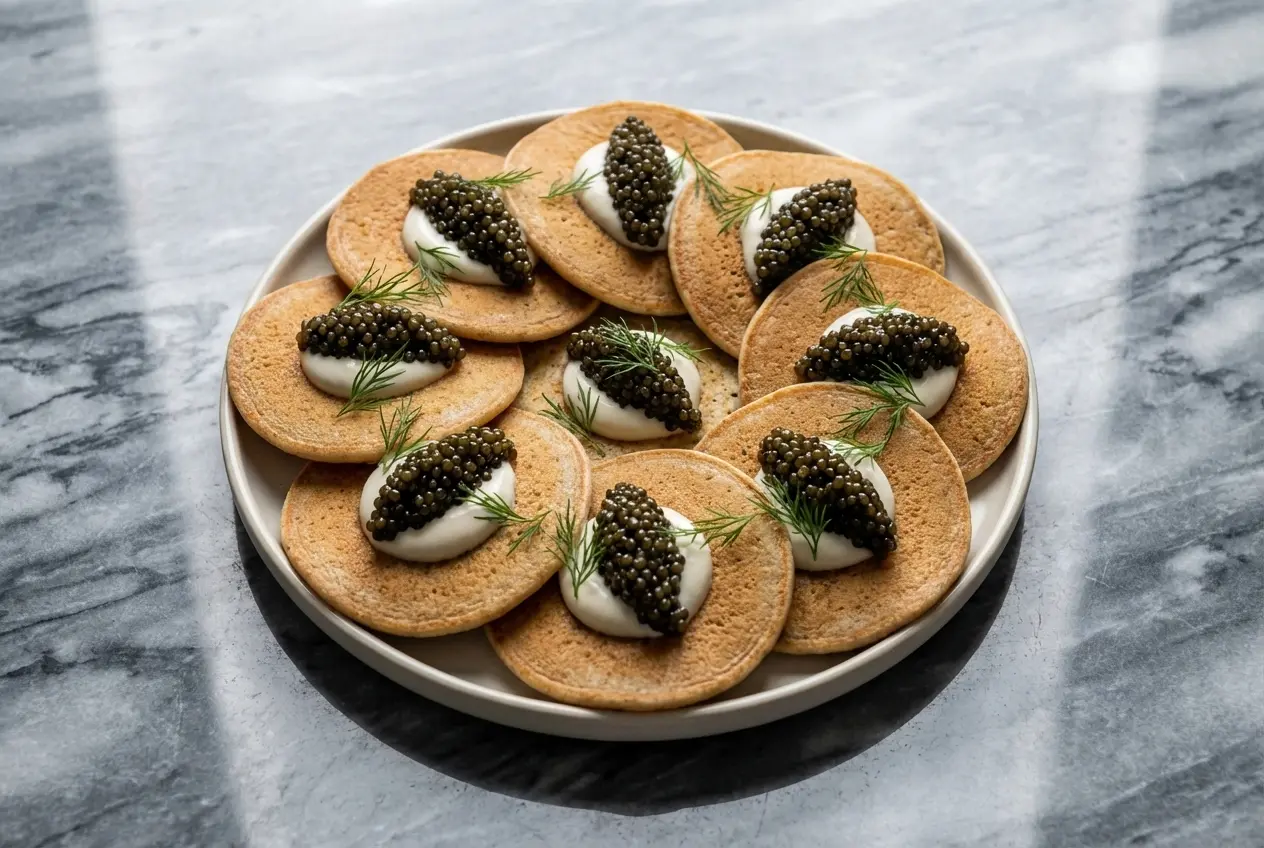 Caviar vegan sur blinis de sarrasin à l'huile de noisette et perles de tapioca au parfum fumé.
