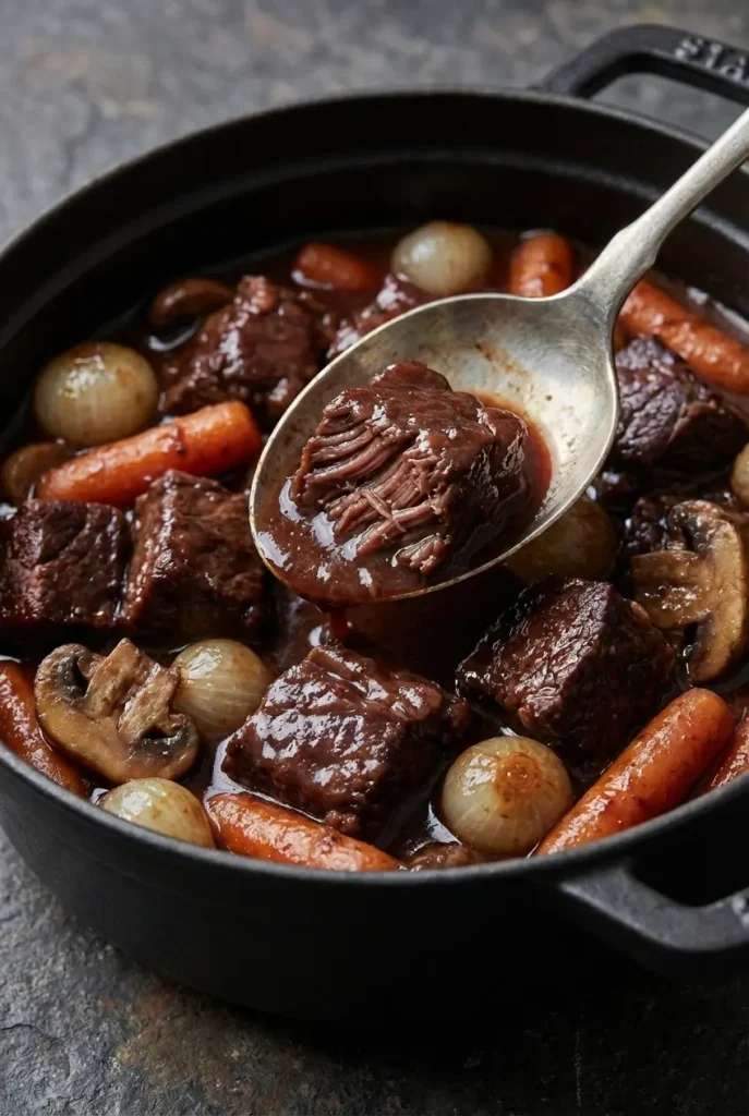 Sélection de morceaux de joue de bœuf et bouteille de vin de Bourgogne pour la recette boeuf bourguignon.