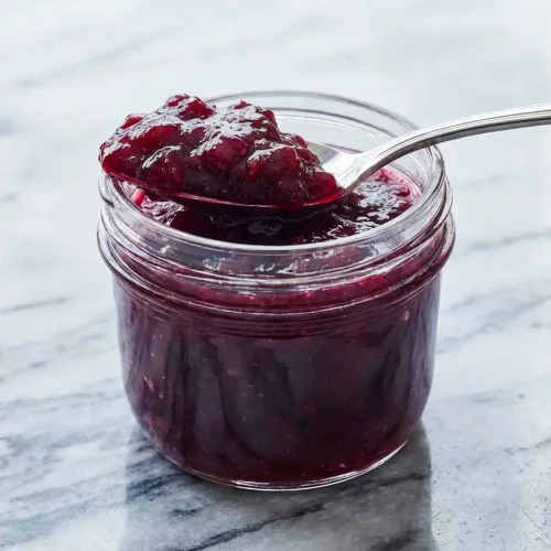 Pot de confiture de pêches de vigne aux reflets rubis, parfumée à la verveine citronnelle fraîche, sur une table rustique.