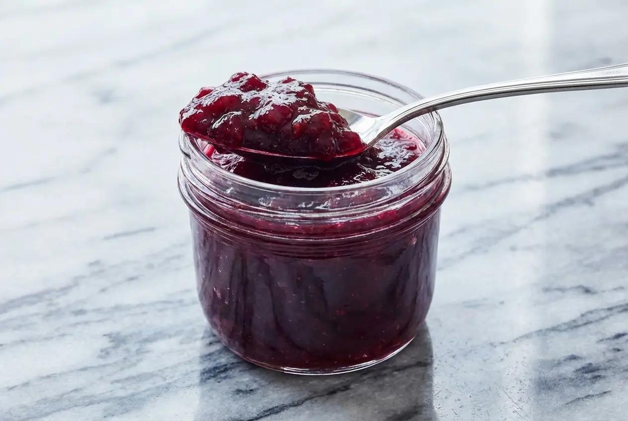 Pot de confiture de pêches de vigne aux reflets rubis, parfumée à la verveine citronnelle fraîche, sur une table rustique.