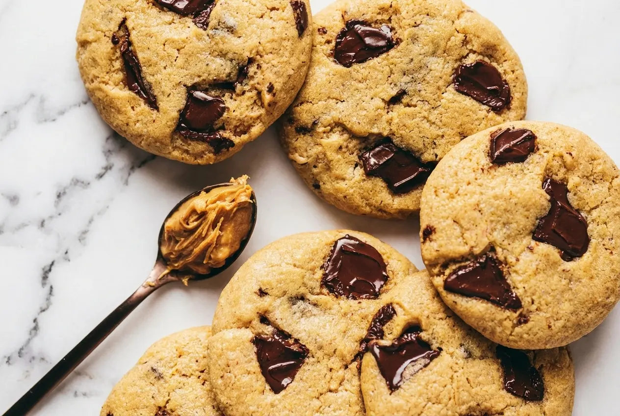 Pile de cookies au beurre de cacahuète dorés au beurre noisette, saupoudrés de fleur de sel sur une grille.