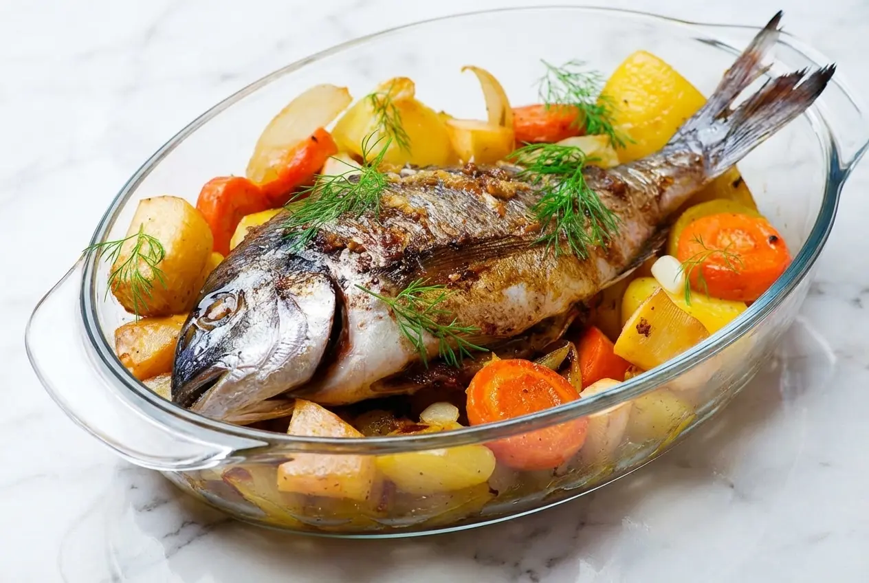 Daurade au four entière, dorée et généreusement nappée d'une sauce express au beurre blanc et vin blanc.