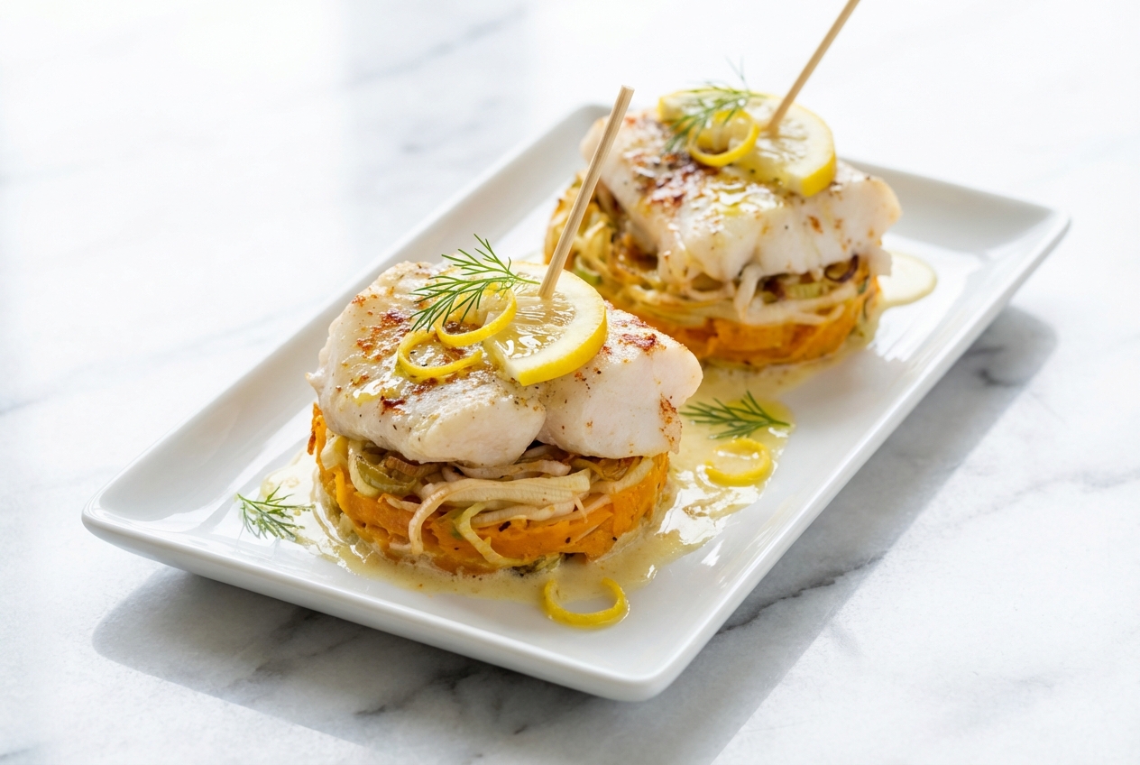 Filet de poisson au four à la chair nacrée, mariné au citron et à l'aneth, servi sur des légumes crémés au vin blanc.