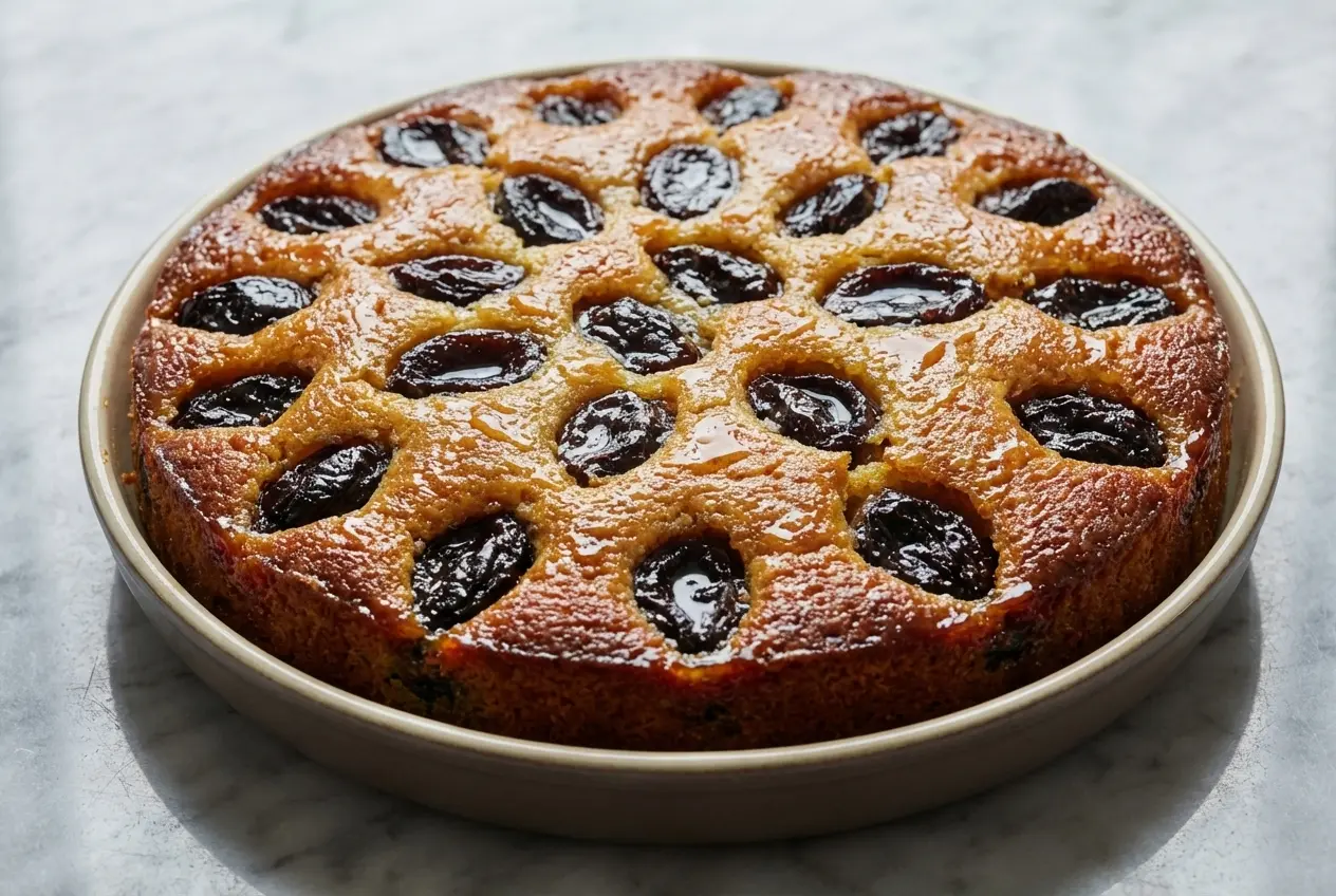 Gâteau aux pruneaux infusés au thé Earl Grey et zestes d'orange, texture dorée et moelleuse.