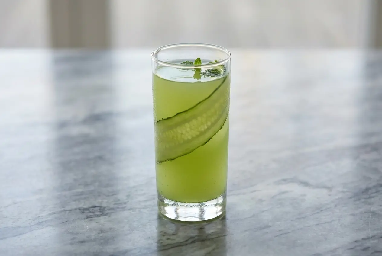 Jus detox concombre frais infusé au gingembre piquant et curcuma noir terreux dans un verre haut.