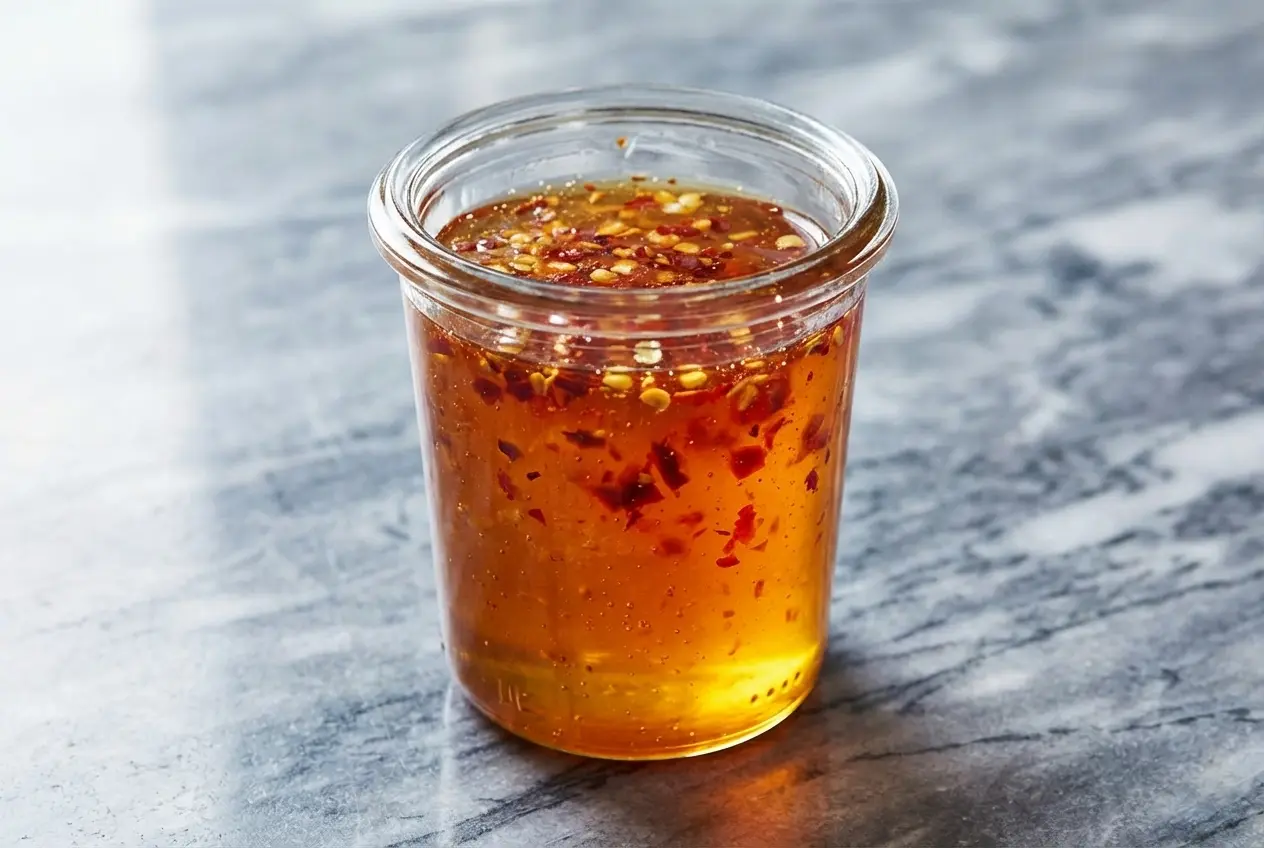 Pot de miel épicé doré infusé aux flocons de piment, préparé avec du vinaigre de cidre ajouté hors du feu.