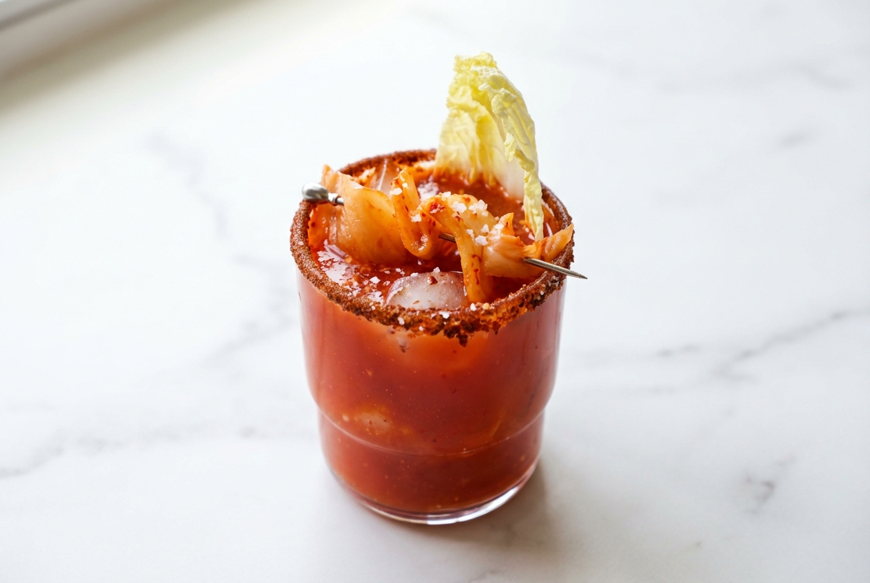 Mocktail au kimchi pétillant avec jus de citron vert frais et sel de mer, garni de tranches de lime et d'épices fermentées