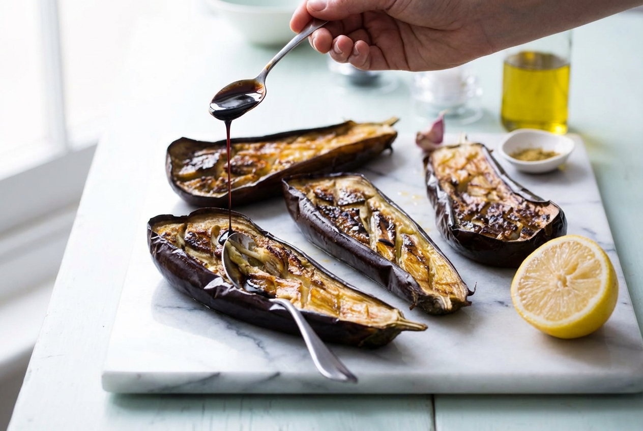 Bol de recette caviar d'aubergine crémeux avec un filet d'huile d'olive, rehaussé d'une touche de mélasse de grenade pour une saveur unique.