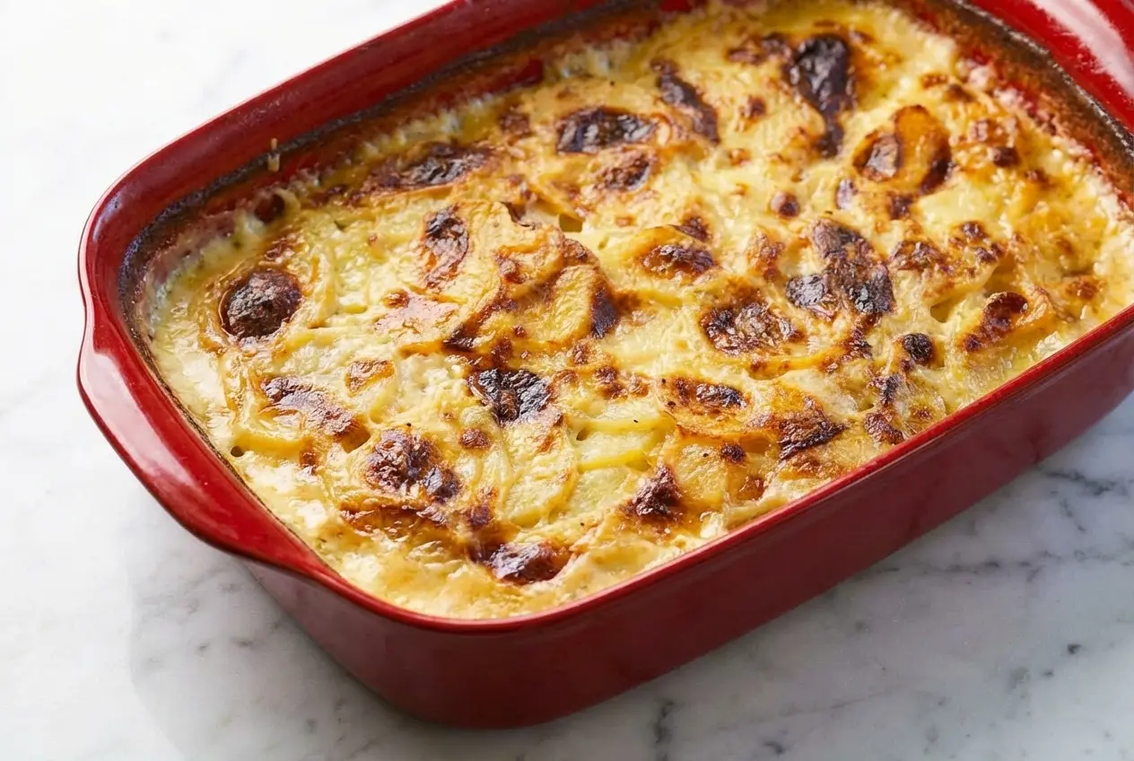 Plat de la recette gratin dauphinois avec sa croûte dorée, réalisé avec infusion à froid et chemisage à l'ail rôti.