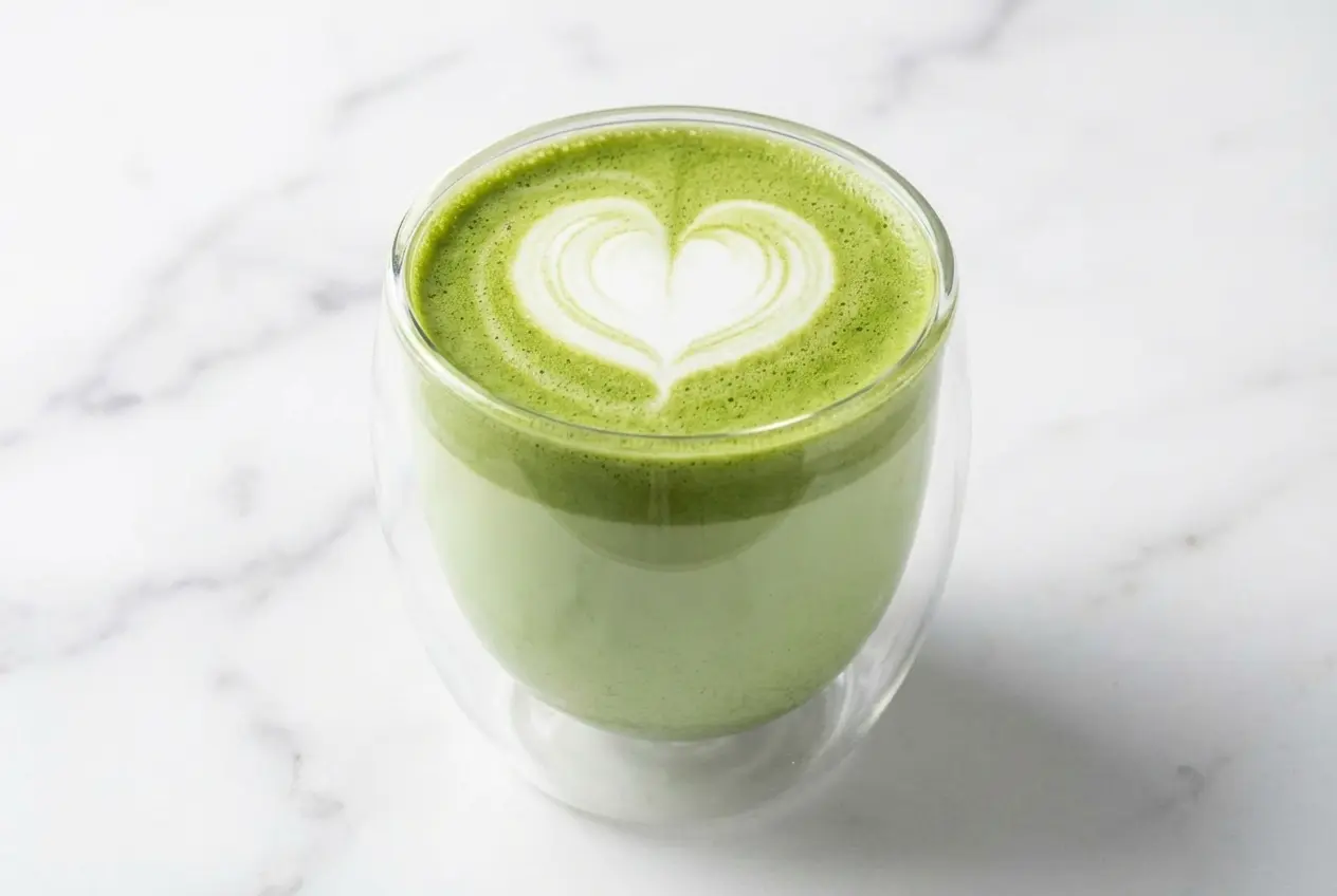 Tasse fumante de recette matcha latte avec une mousse onctueuse de lait d'avoine barista, rehaussée d'une pointe de sel.