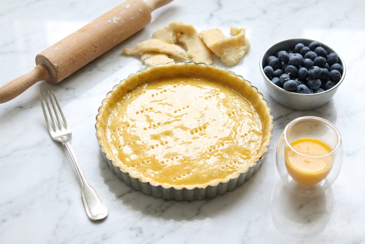 Tarte aux fruits dorée sur un fond de recette pâte brisée sucrée rendue croustillante par une émulsion au jaune d'œuf