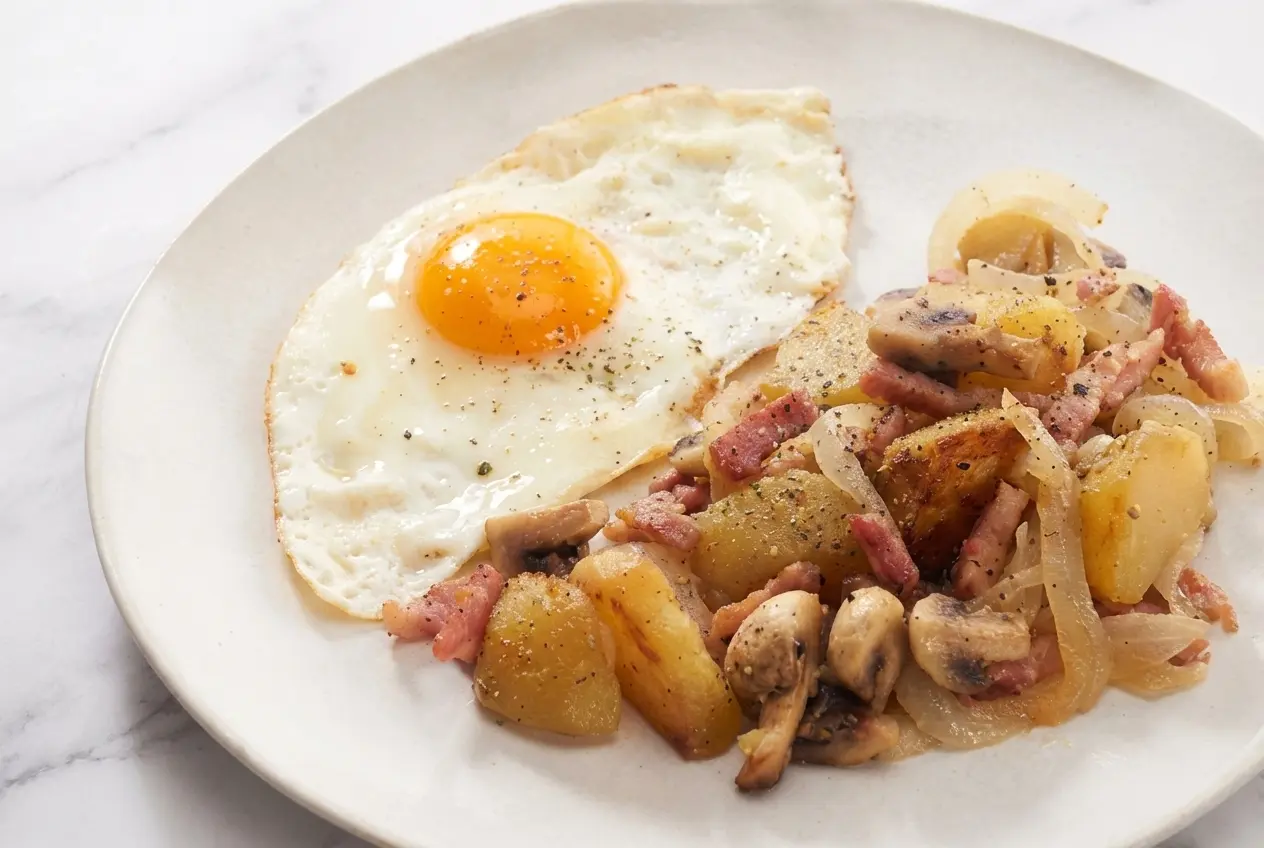 Recette Poêlée paysanne servie avec un œuf au plat, pommes de terre dorées au vinaigre de cidre et piment d'Espelette.