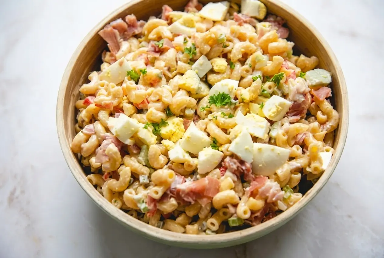 Bol de salade de macaroni crémeuse à la crème sure, garnie de paprika fumé et de céleri croquant.