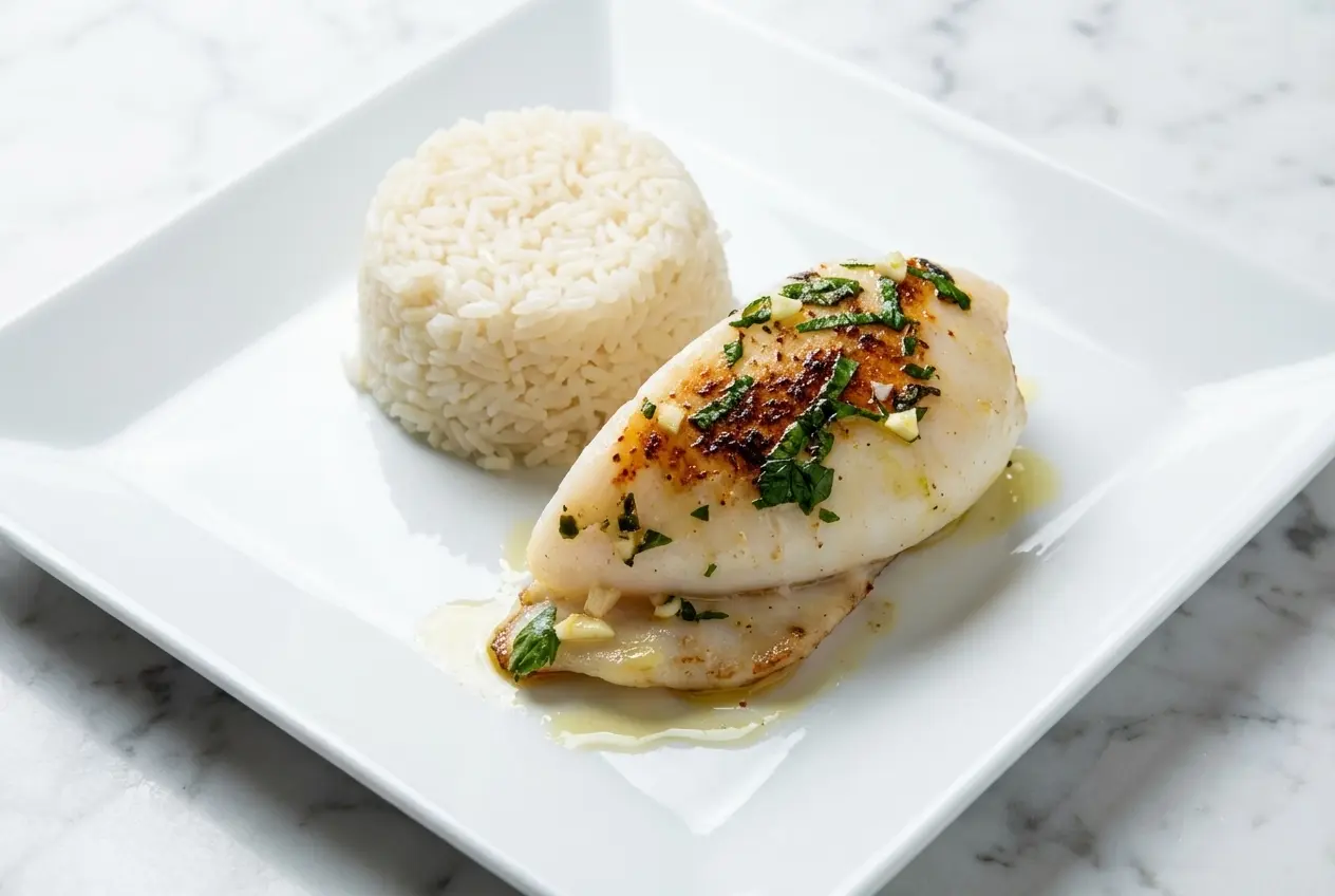 Seiches à la plancha dorées avec un quadrillage au couteau précis, servies avec une persillade fraîche et du citron.