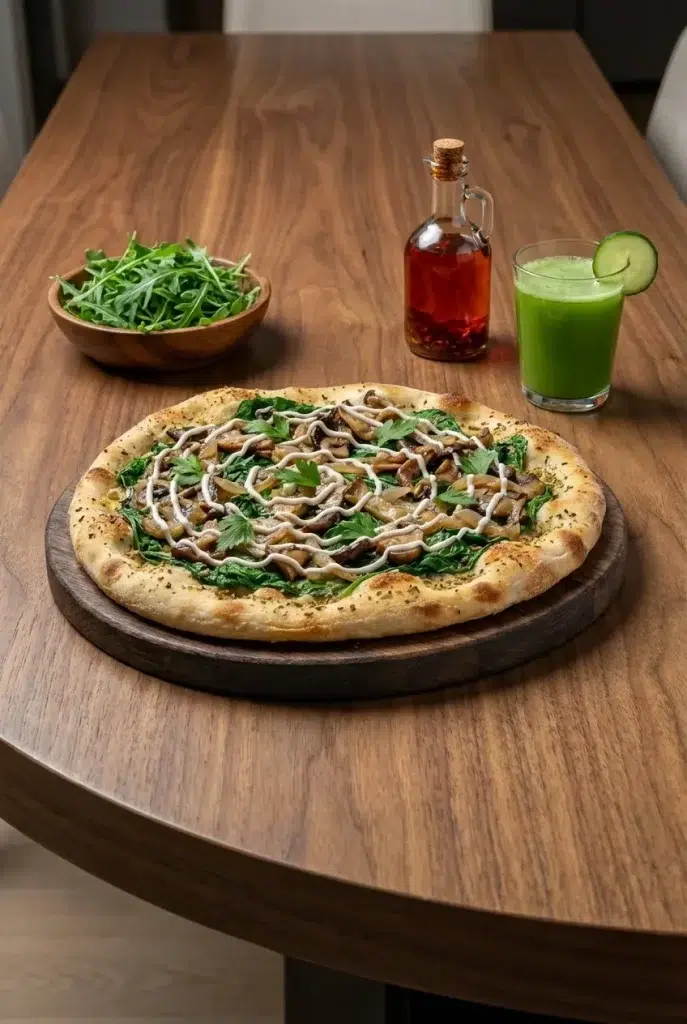 Part de pizza vegan servie sur une planche, accompagnée d'huile d'olive extra vierge et d'herbes fraîches.