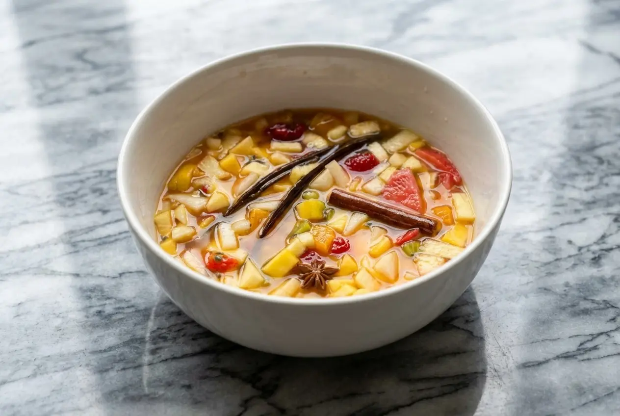 Bocal en verre rempli d'un sirop pour salade de fruits doré, infusé avec des feuilles de menthe fraîche et de la fleur de sel.