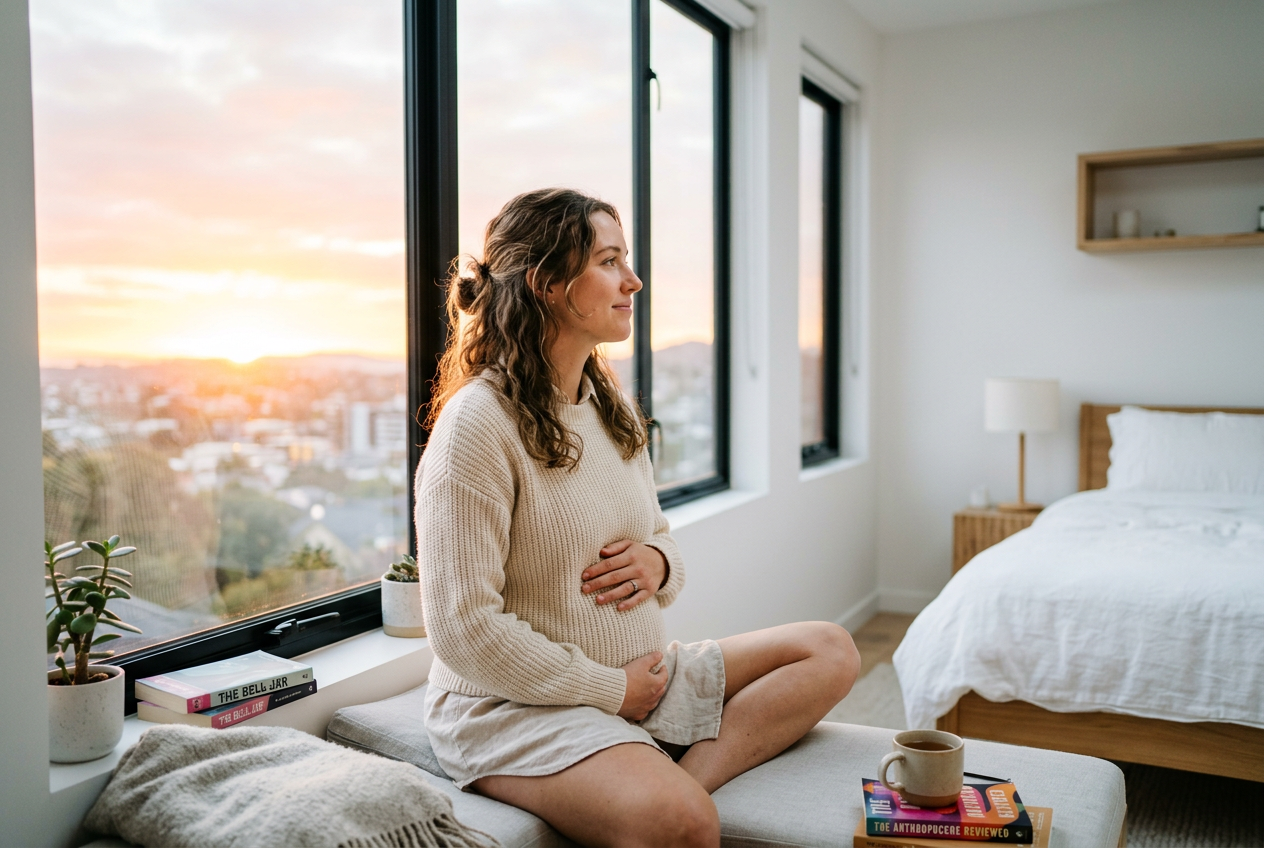 Illustration montrant les premiers symptômes de grossesse 1 semaine après la fécondation, avec des icônes pour la fatigue et les nausées.