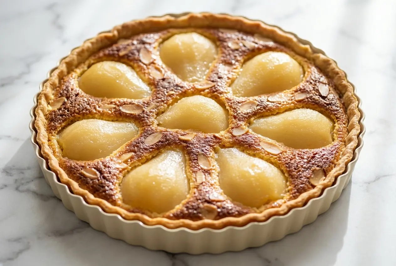 Tarte amandine aux poires dorée avec crème d'amande torréfiée au beurre noisette et poires tranchées sur une pâte sablée.