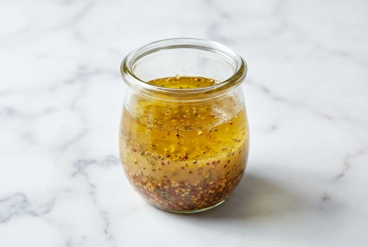 Petit bol de vinaigrette au miel dorée préparée avec du vinaigre de cidre non filtré et du piment d'Espelette.